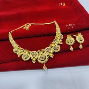 Royal Traditional Gold Finish Necklace Set with Antique Floral Design & Matching Earrings DN-2319