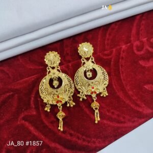 Royal Antique Gold Finish Floral Chandbali Earrings with Red Enamel Accents - DN- 1857