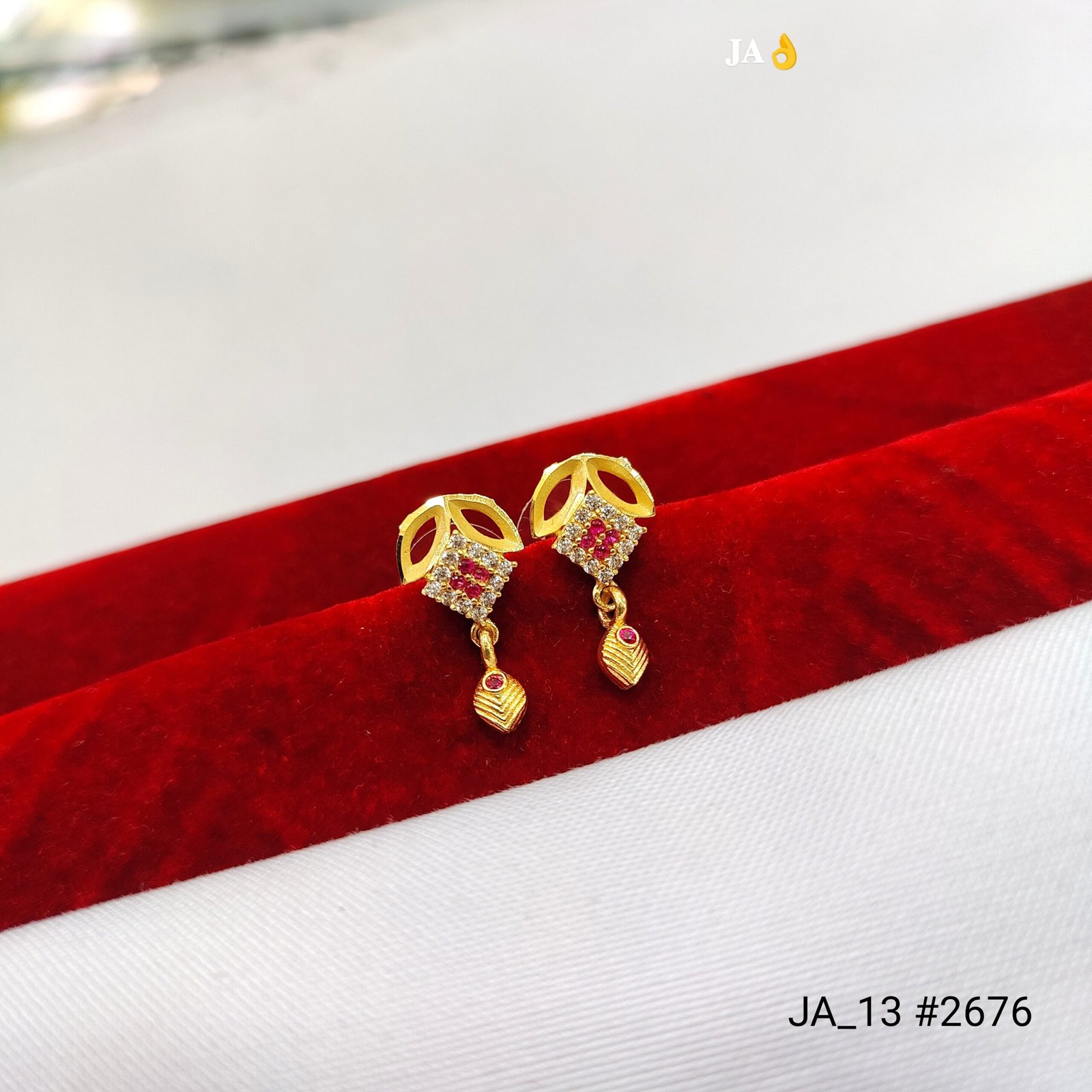 Royal Pink Leaf Drop Gold Earrings Tops DN - 2676